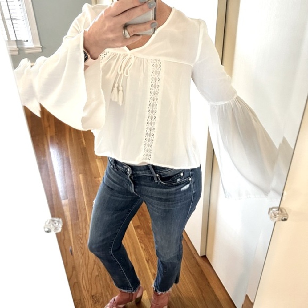 Garage White Boho Peasant Blouse | Lace Detail Bell Sleeves - Picture 3 of 11